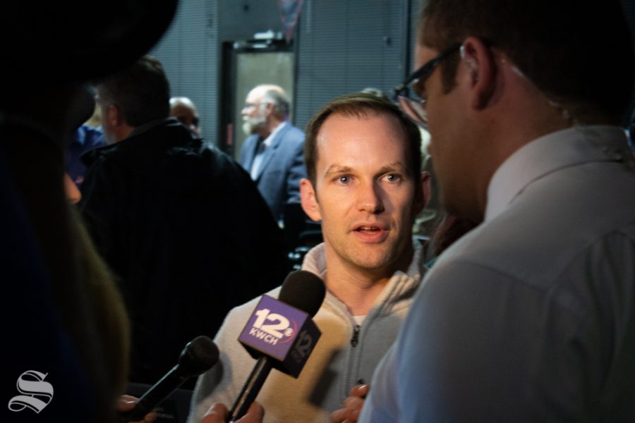 Brandon Whipple speaks to local news reporters during his watch party on Tuesday, Nov. 5 at Headshots Bar and Grill.