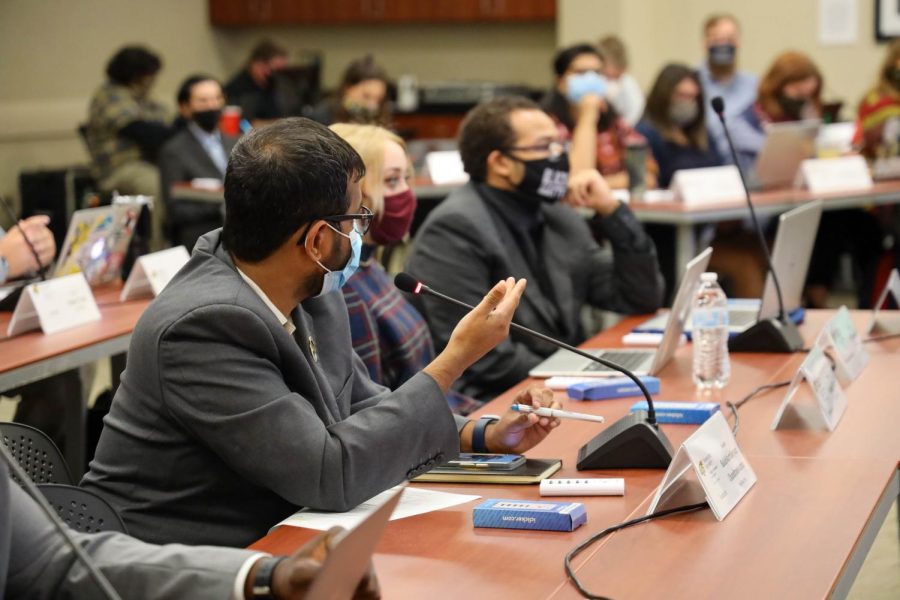 Senators discuss legislation during their meeting on Oct. 13, 2021.