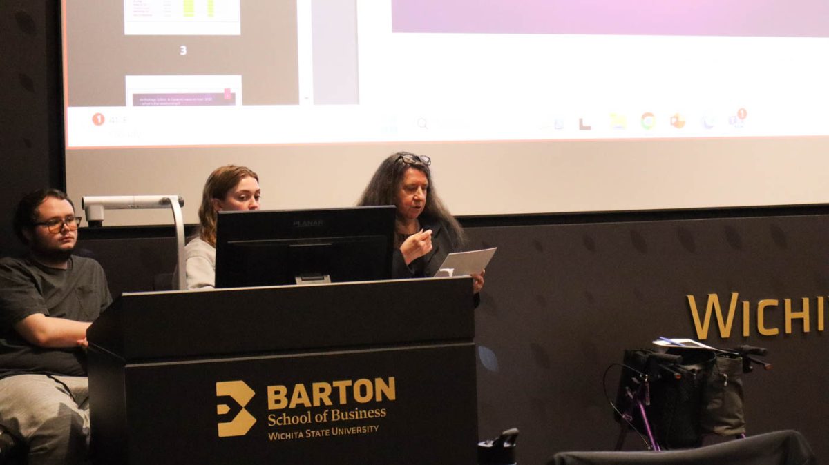 Susan Sterrett, a senator from philosophy, shares concerns on Wichita State's relationships with Anthology, Blackboard's parent company, and Microsoft during a Faculty Senate meeting on March 25.