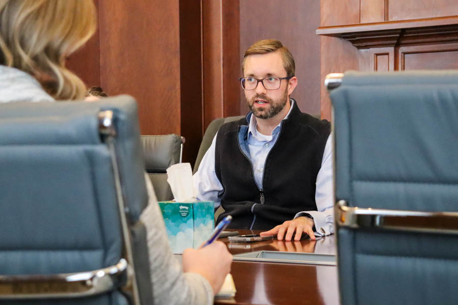 Chief of Staff and Executive Director of Government Relations Zach Gearhart delivers an update on the Kansas Legislatures on Jan. 17. 